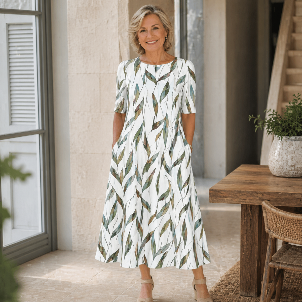 Vestido midi floral para mujer con falda acampanada