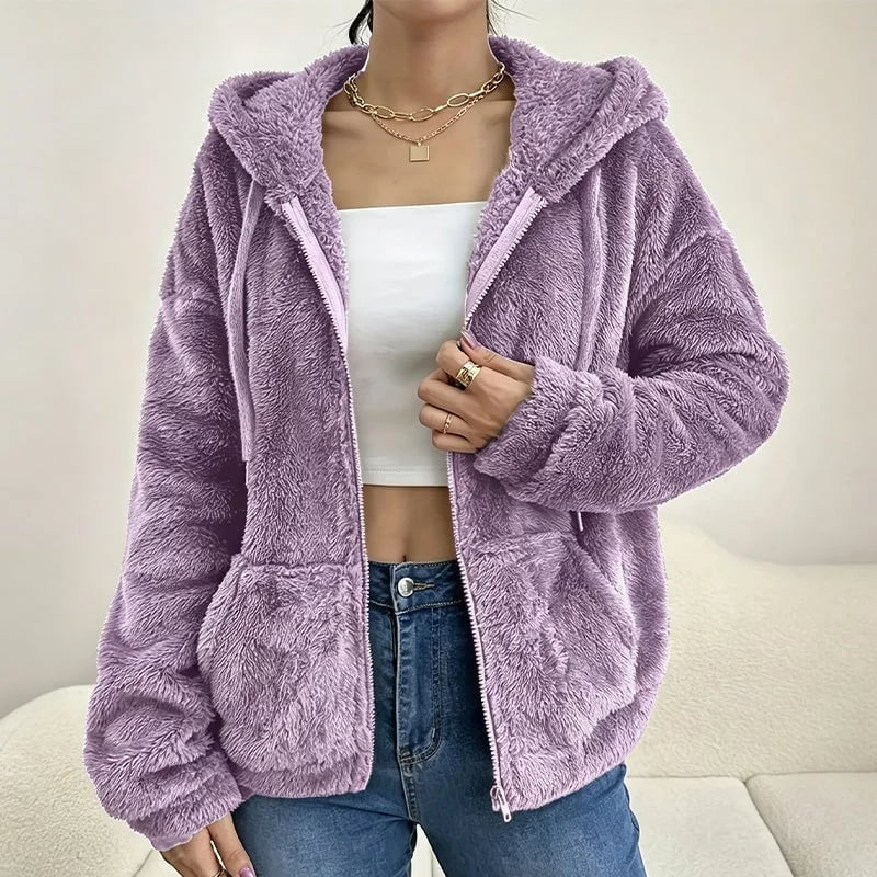 Chaqueta sherpa para mujer con capucha y cremallera