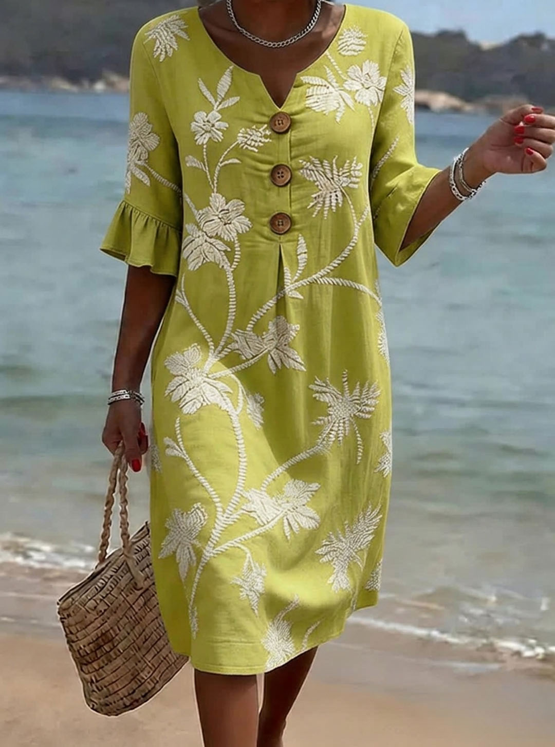 Vestido mujer algodón floral con botones y mangas 3/4