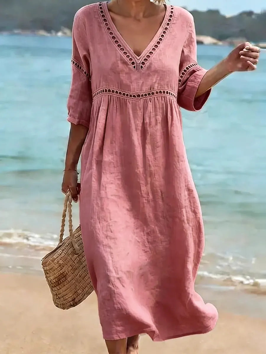 Vestido mujer algodón cuello V fluido – casual verano elegante