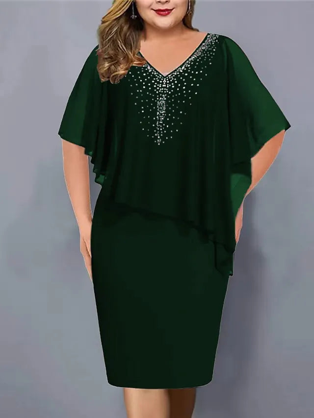 Vestido capa midi para mujer con strass y superposición de gasa