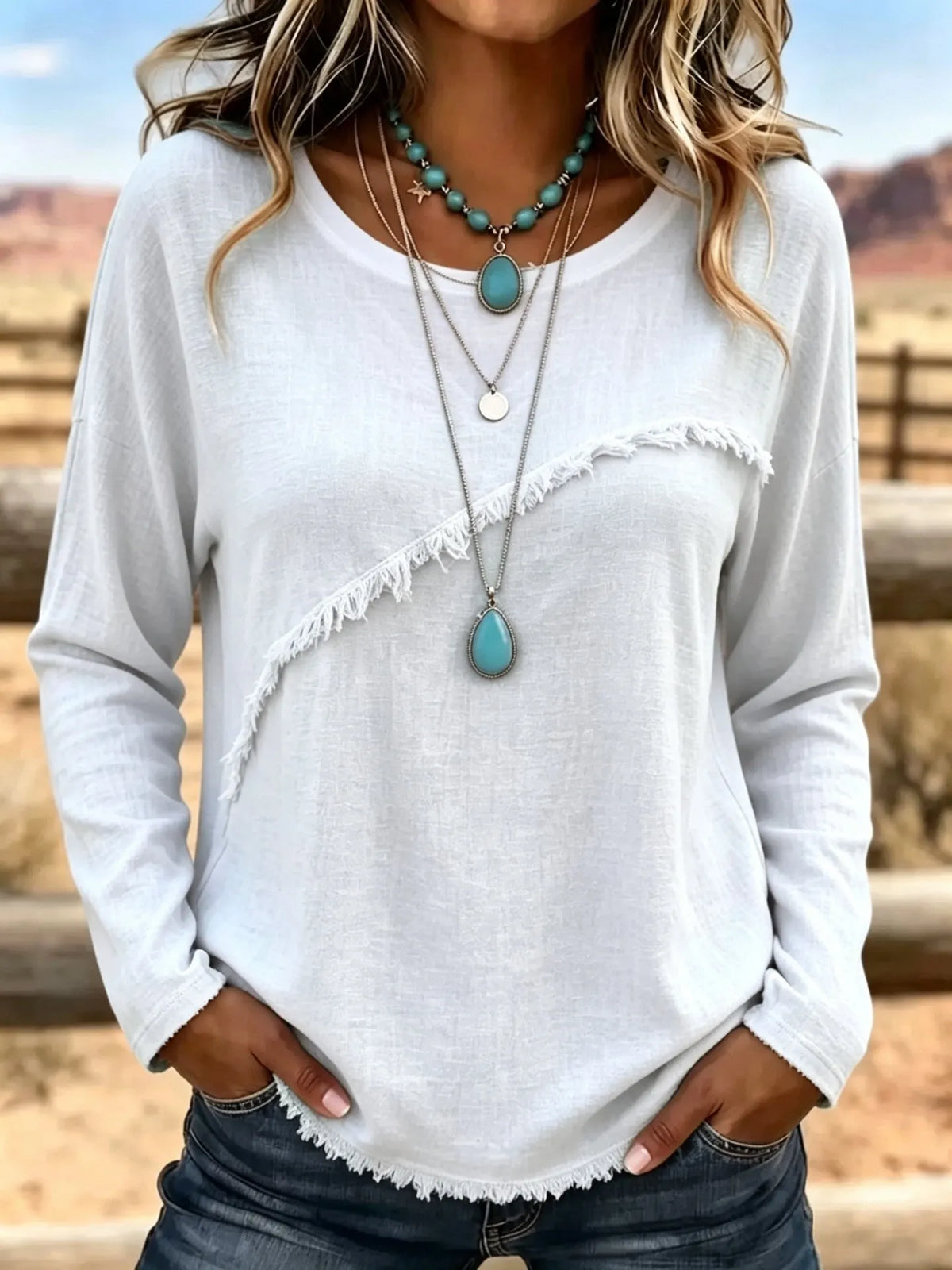 Blusa bohemia para mujer con flecos y manga larga relajada