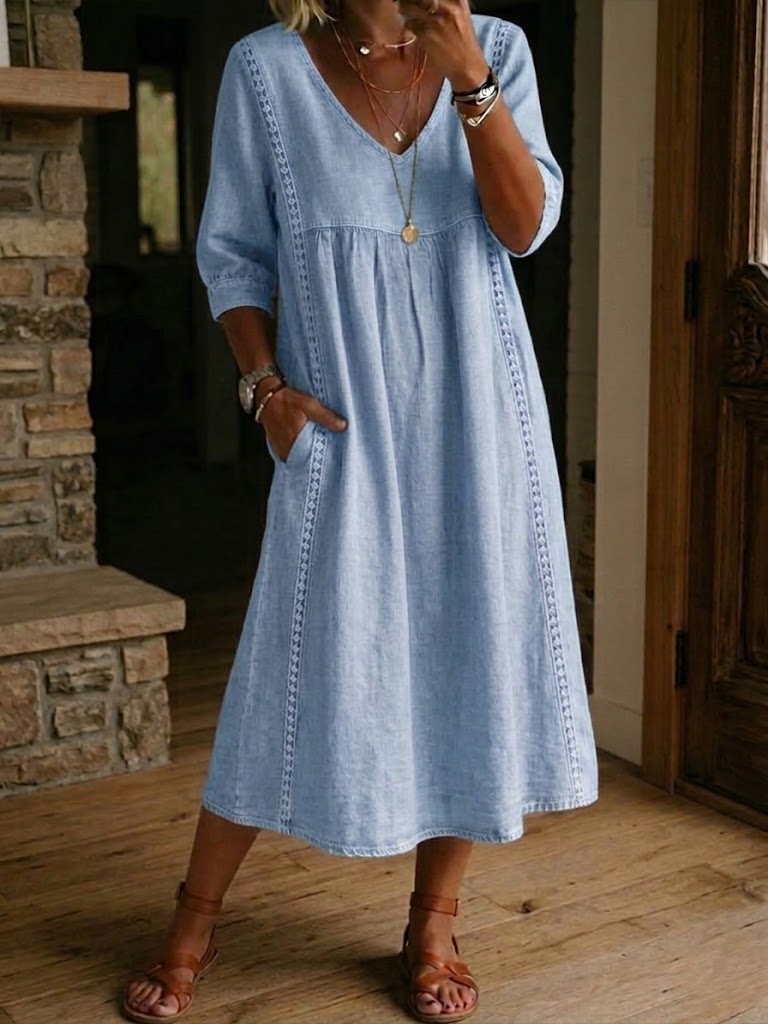Vestido mujer patchwork algodón lino con encaje para verano