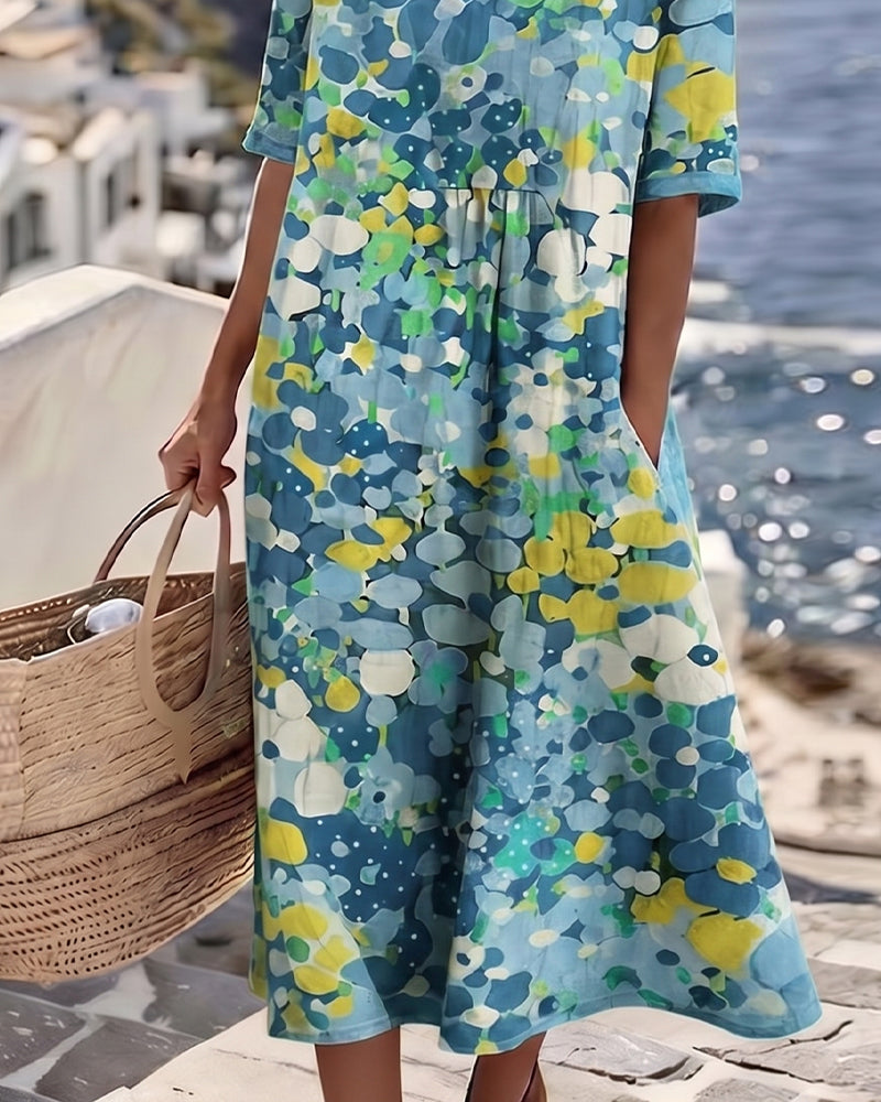 Vestido midi mujer algodón lino estampado flores abstractas bolsillos verano