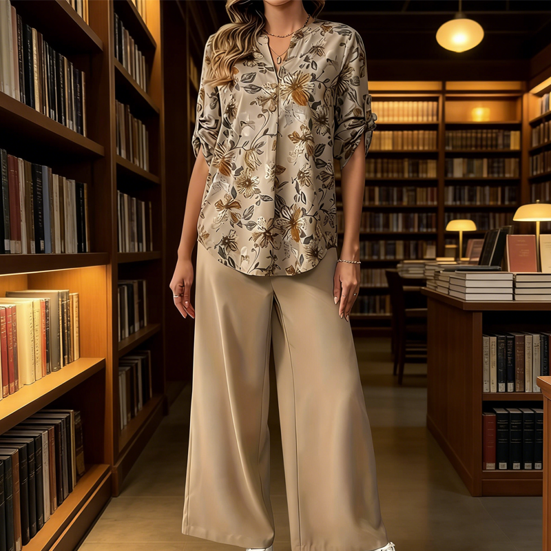 Conjunto Mujer Floral Elegante – Blusa Ligera con Pantalón Fluido