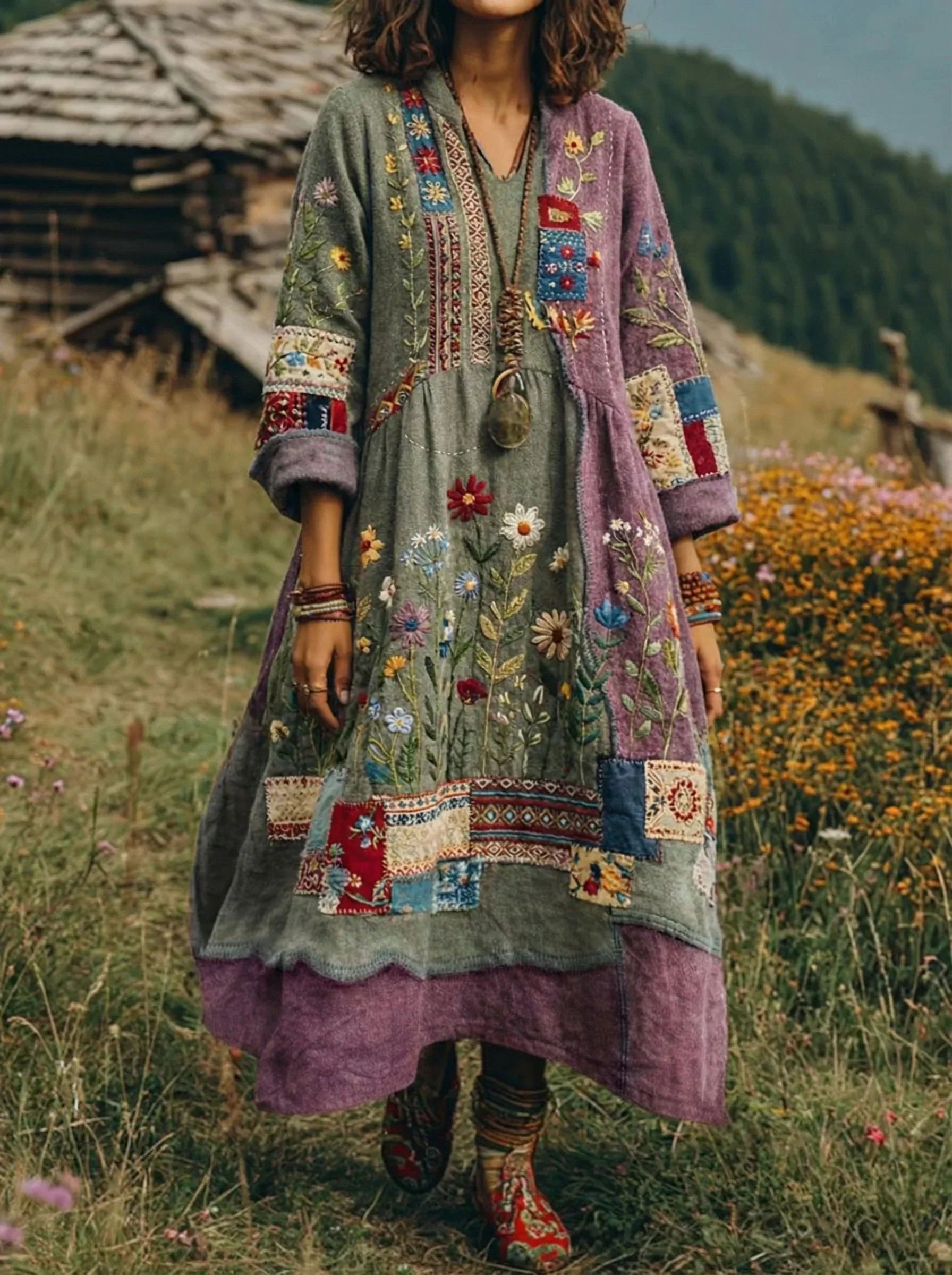 Vestido bohemio mujer patchwork bordado largo – vestido étnico elegante fluido