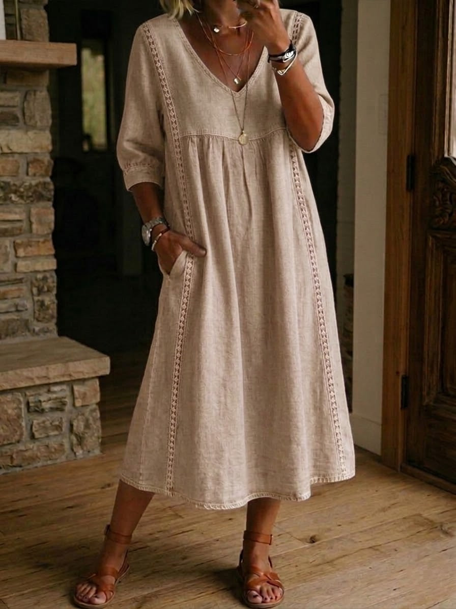 Vestido mujer patchwork algodón lino con encaje para verano