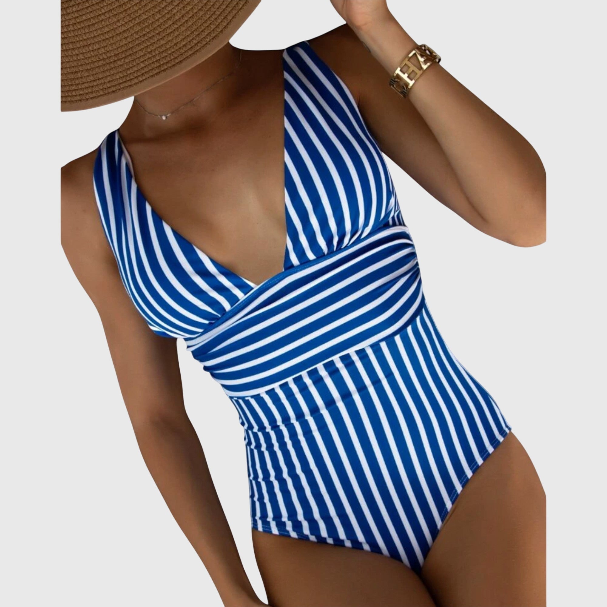 Bañador mujer una pieza rayas escote V profundo moldeador cintura elegante playa
