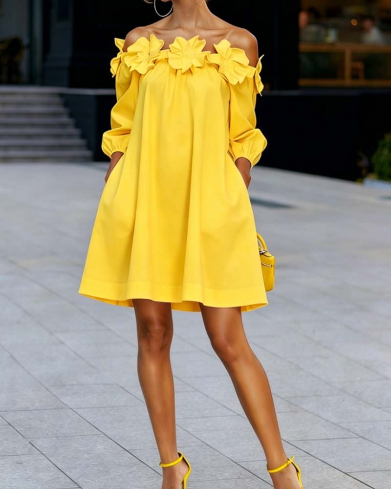 Vestido corto mujer con hombros descubiertos y flores 3D