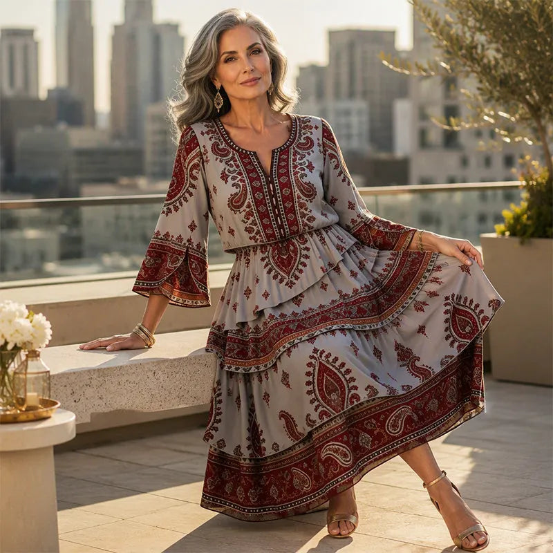 Vestido bohemio mujer con volantes y estampado étnico