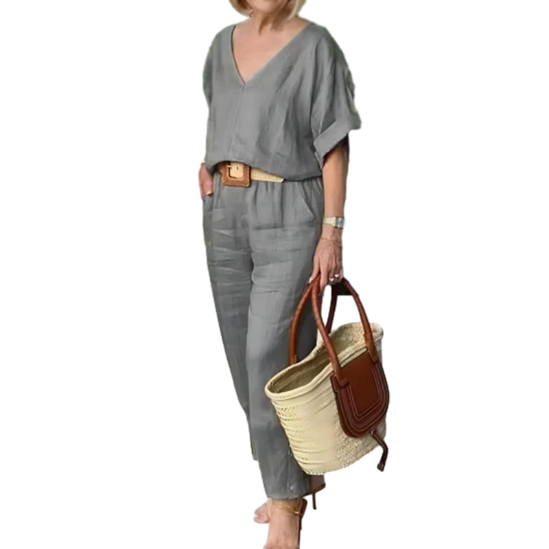 Conjunto mujer cuello V pantalón recto bolsillos casual chic