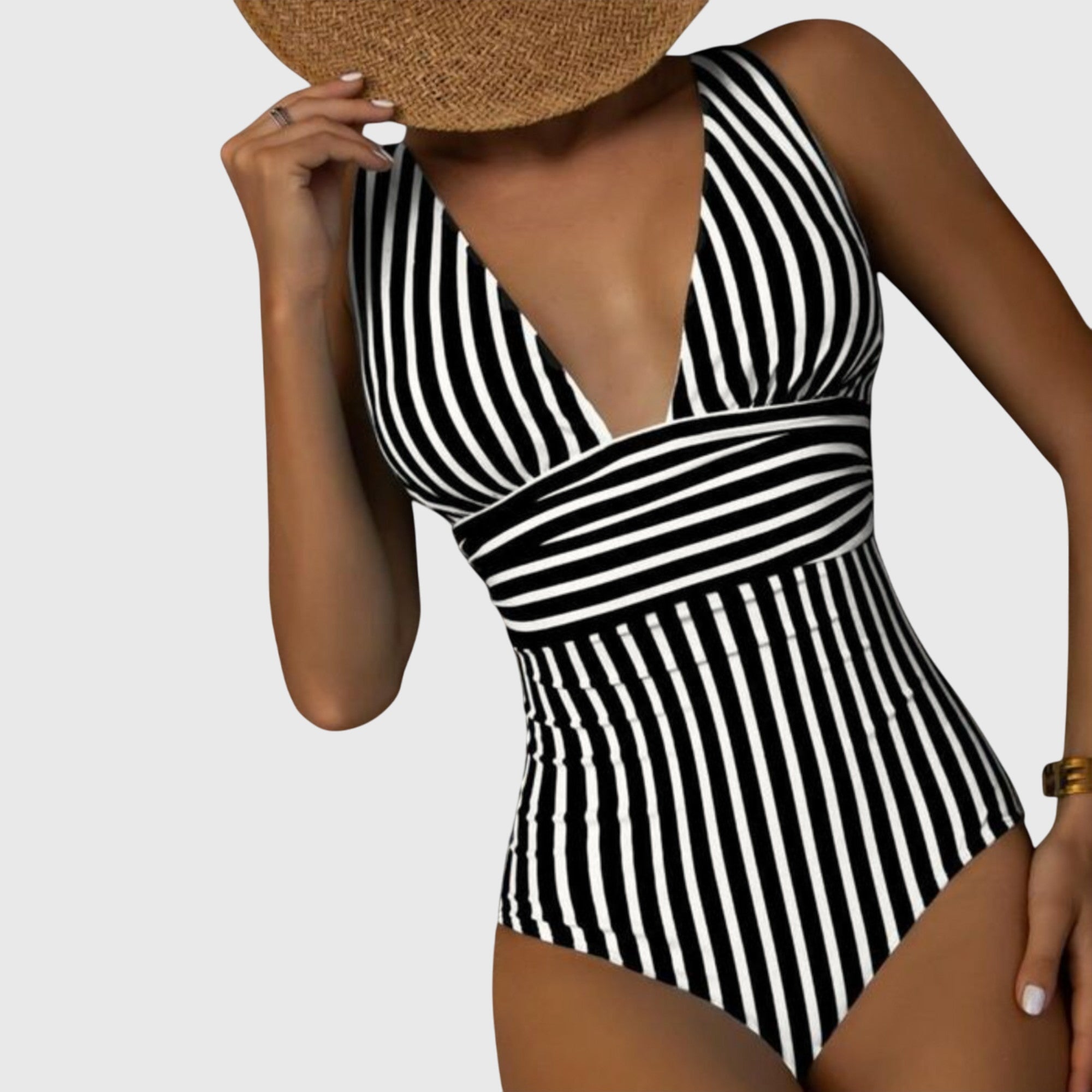 Bañador mujer una pieza rayas escote V profundo moldeador cintura elegante playa