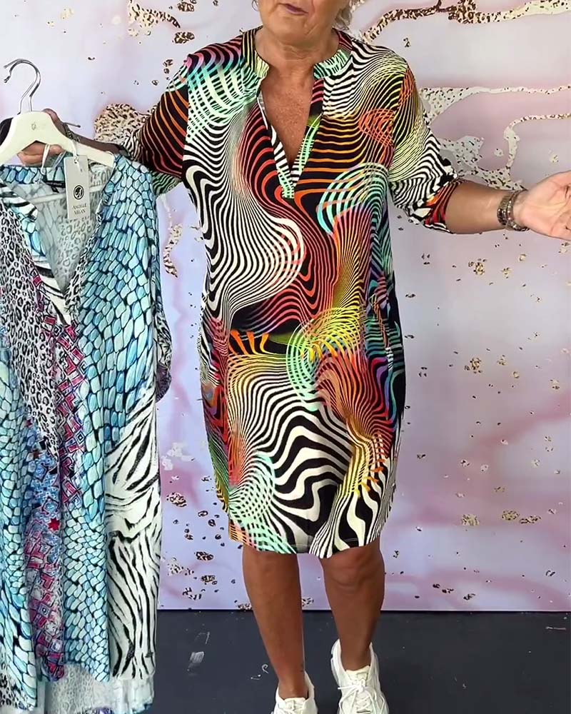 Vestido mujer corto estampado ondas abstractas cuello V cremallera bolsillos