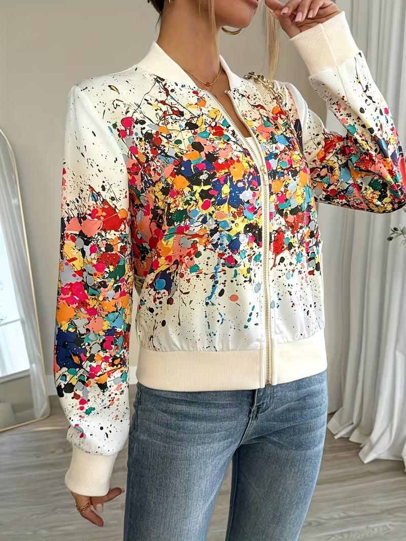 Chaqueta bomber de mujer con estampado abstracto y cremallera