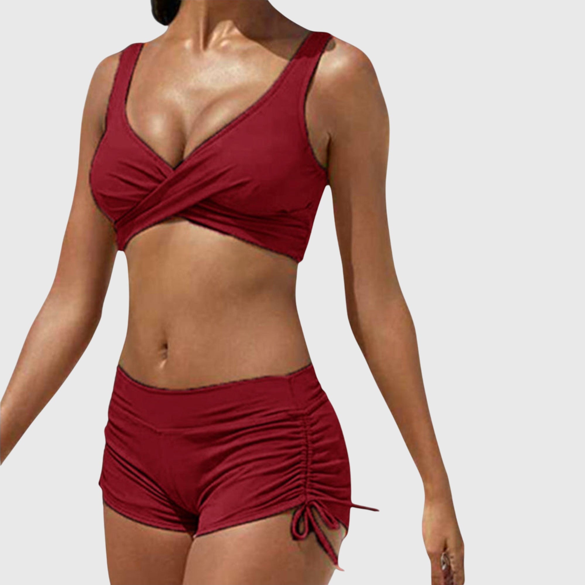 Bikini mujer dos piezas estampado camuflaje top cruzado shorts fruncidos playa