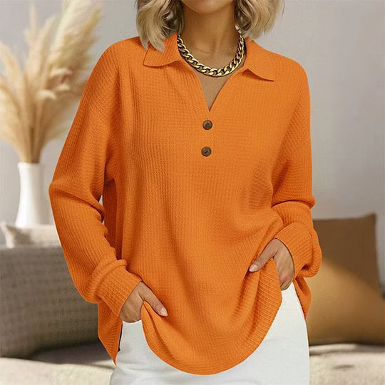 Blusa de manga larga para mujer con cuello polo y botones