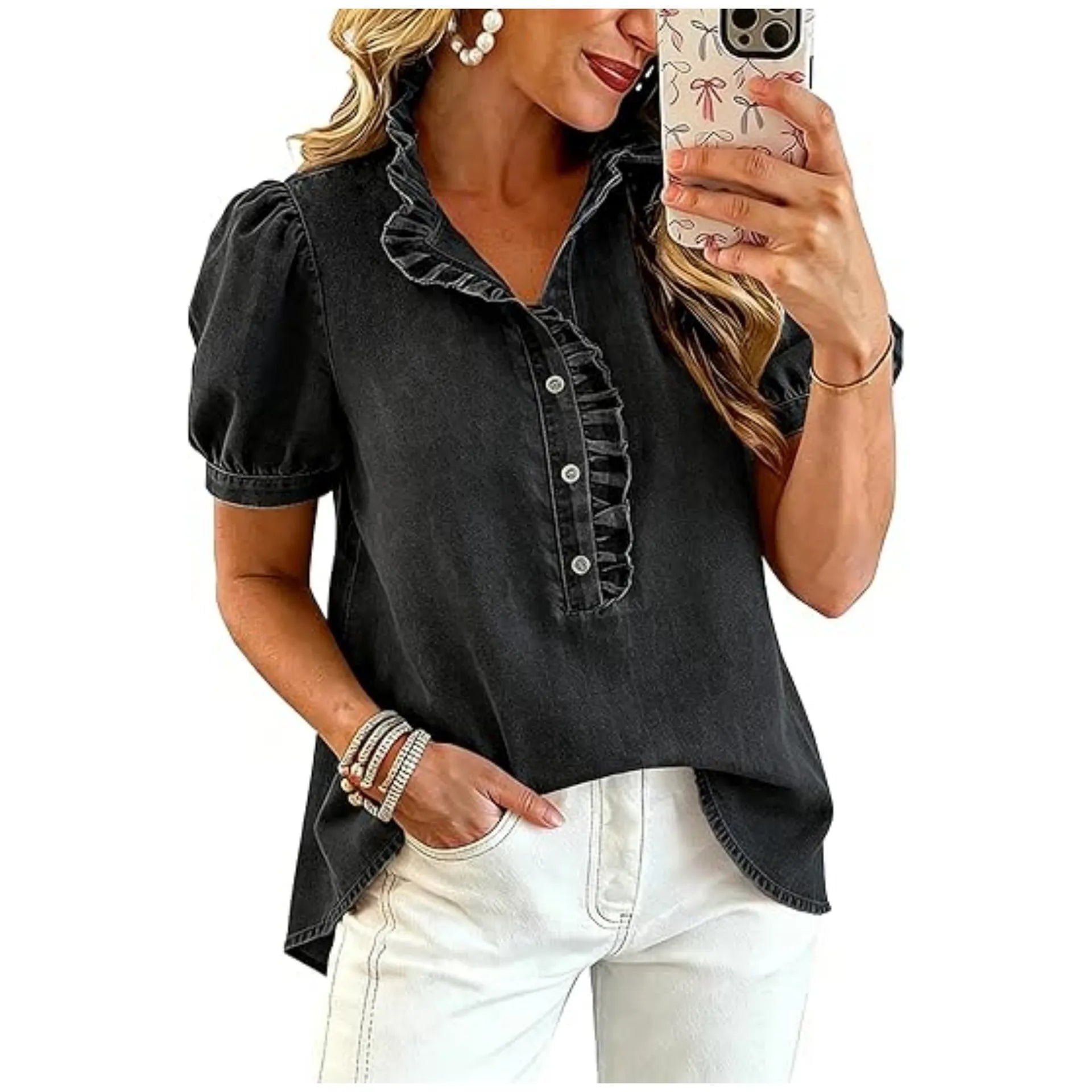 Top denim mujer con cuello volante y mangas abullonadas
