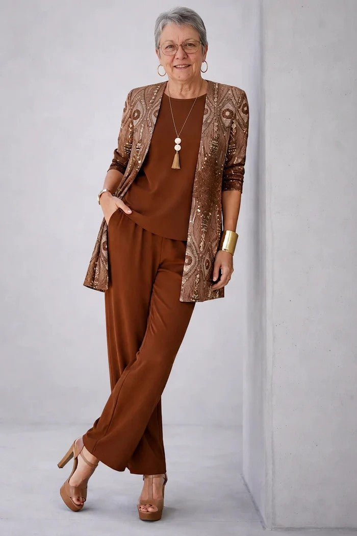 Conjunto mujer de tres piezas con cárdigan estampado elegante