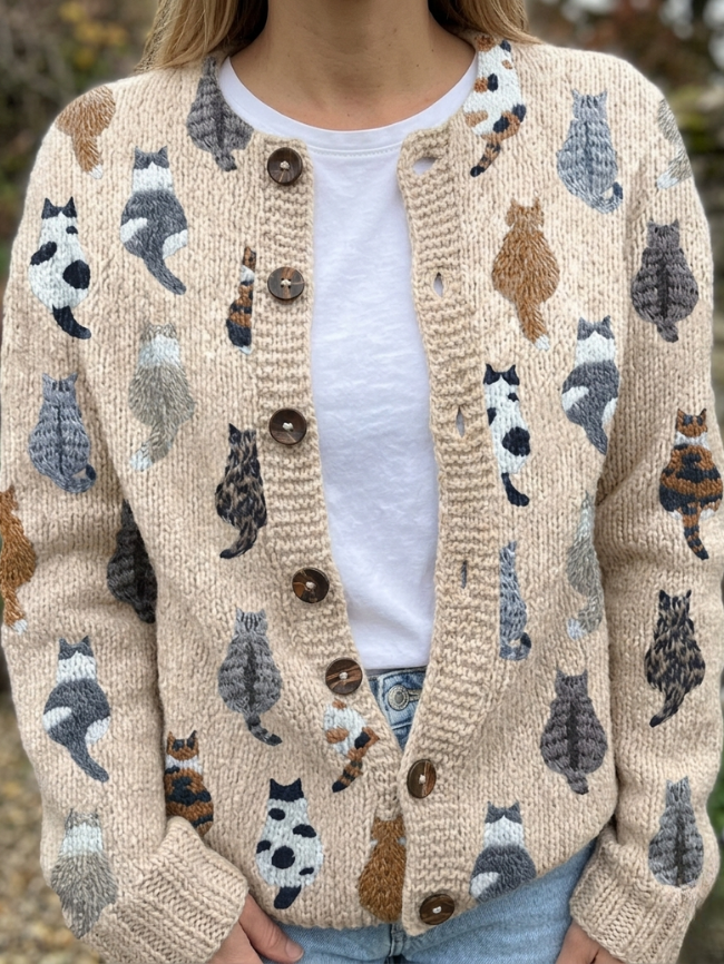Cárdigan mujer de punto con estampado de gatos
