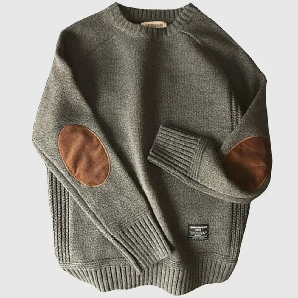Suéter hombre tejido grueso con parches – estilo alpino cálido casual