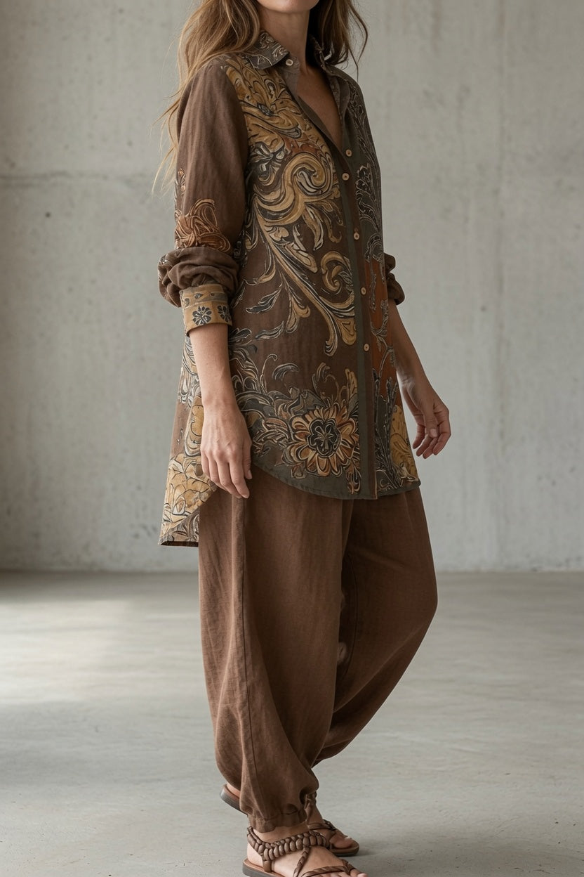 Conjunto vintage mujer con camisa estampada y pantalón fluido