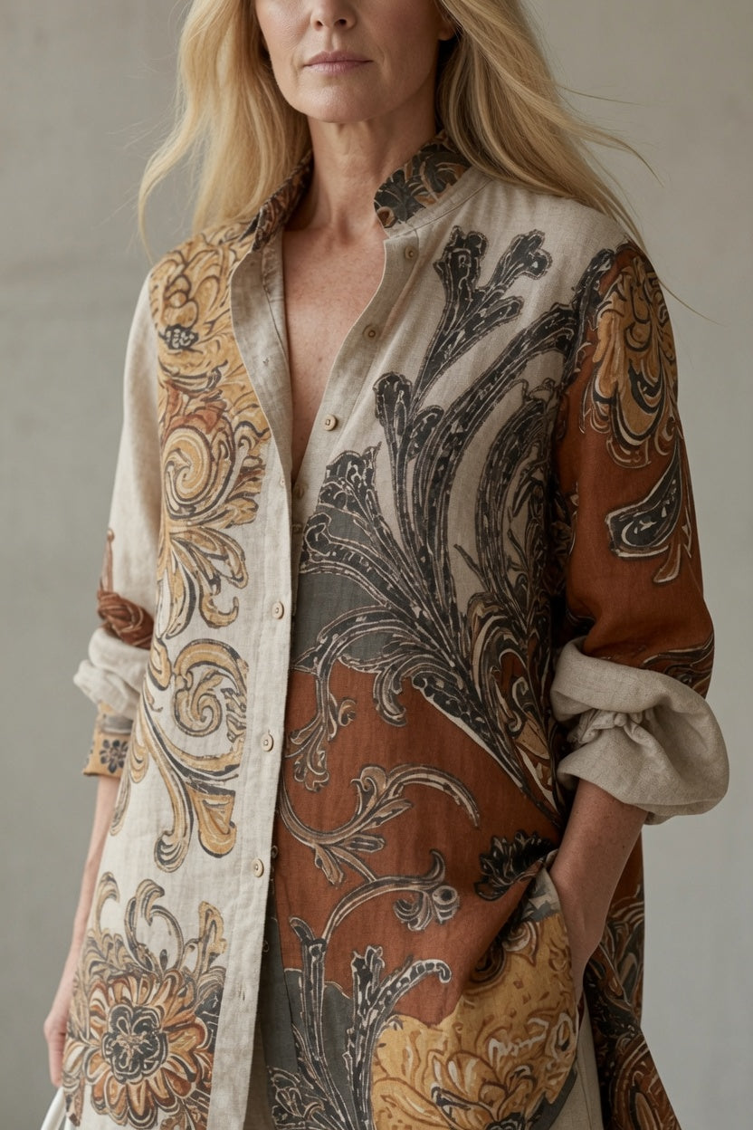 Conjunto vintage mujer con camisa estampada y pantalón fluido