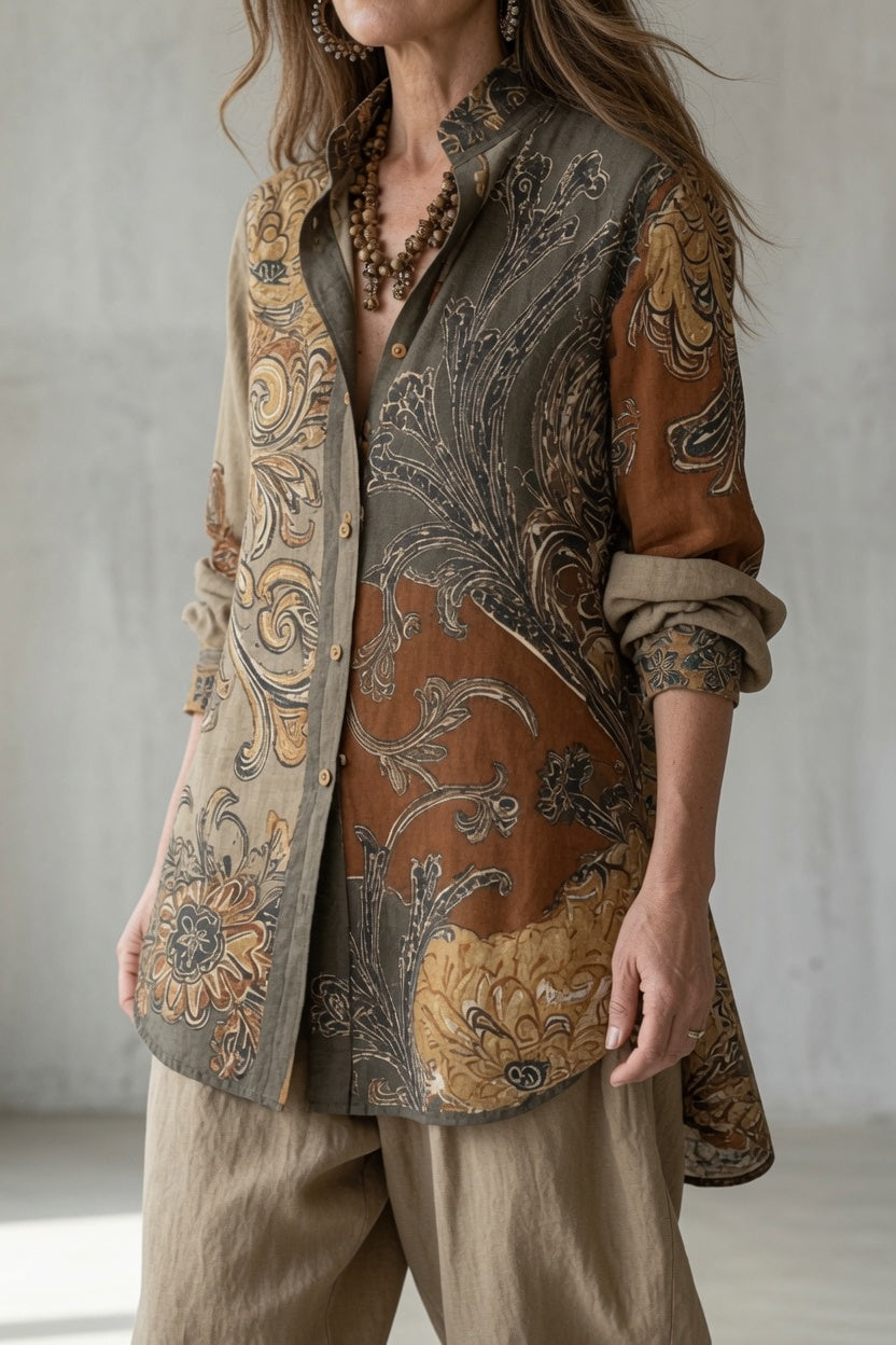Conjunto vintage mujer con camisa estampada y pantalón fluido