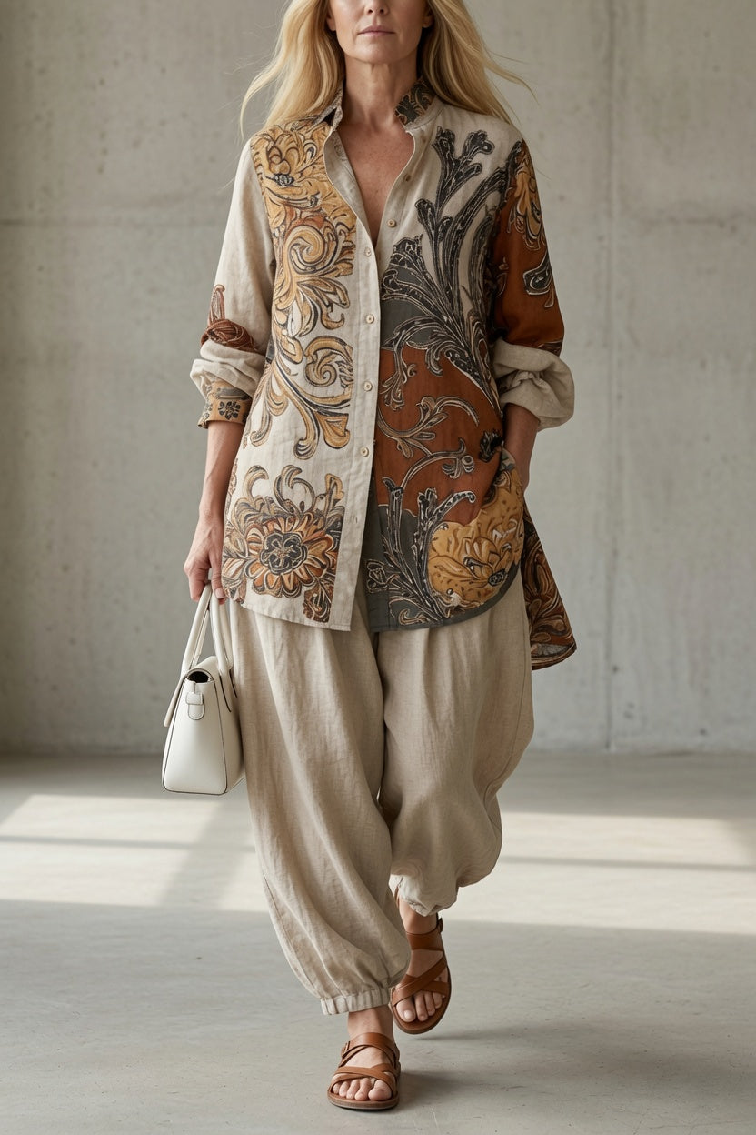 Conjunto vintage mujer con camisa estampada y pantalón fluido