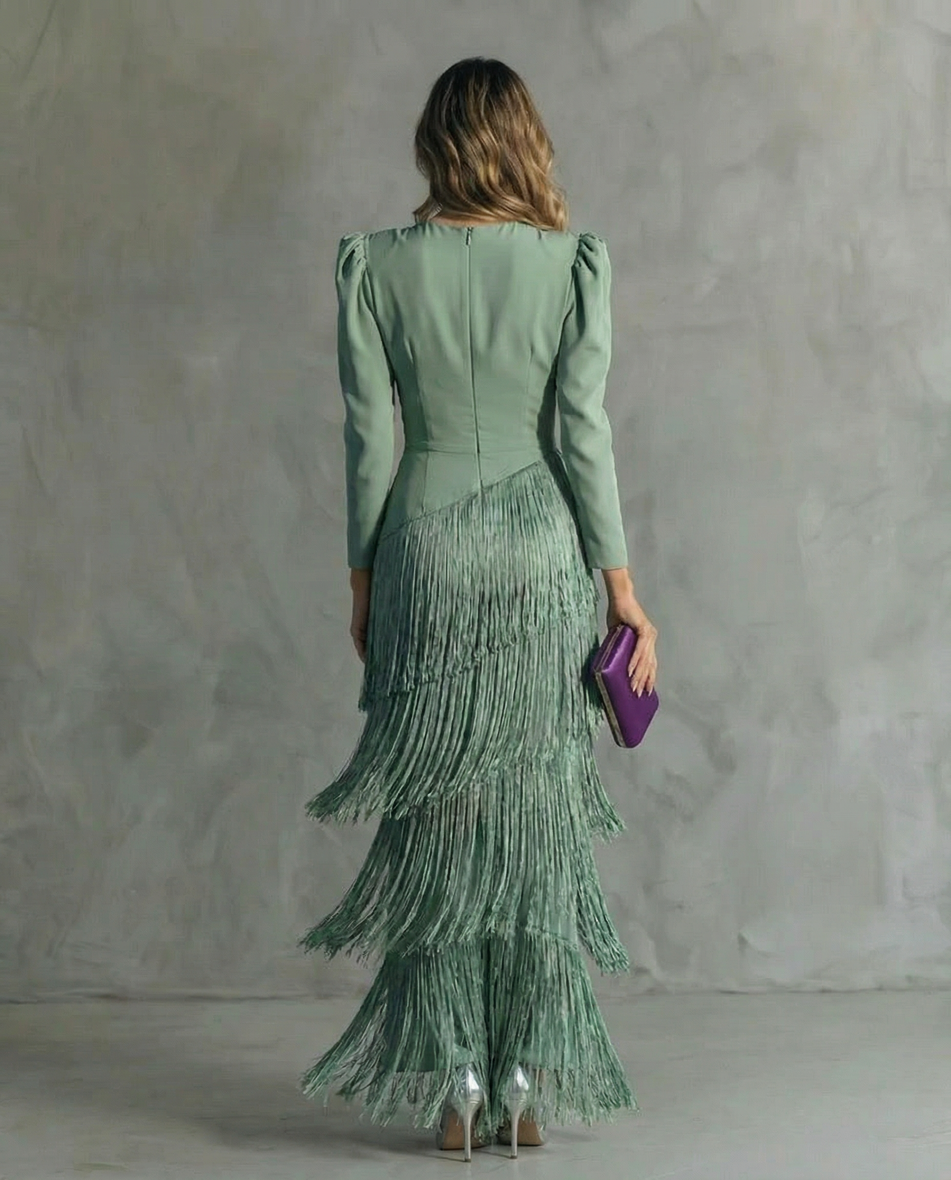 Vestido mujer midi elegante con flecos – vestido manga larga sofisticado