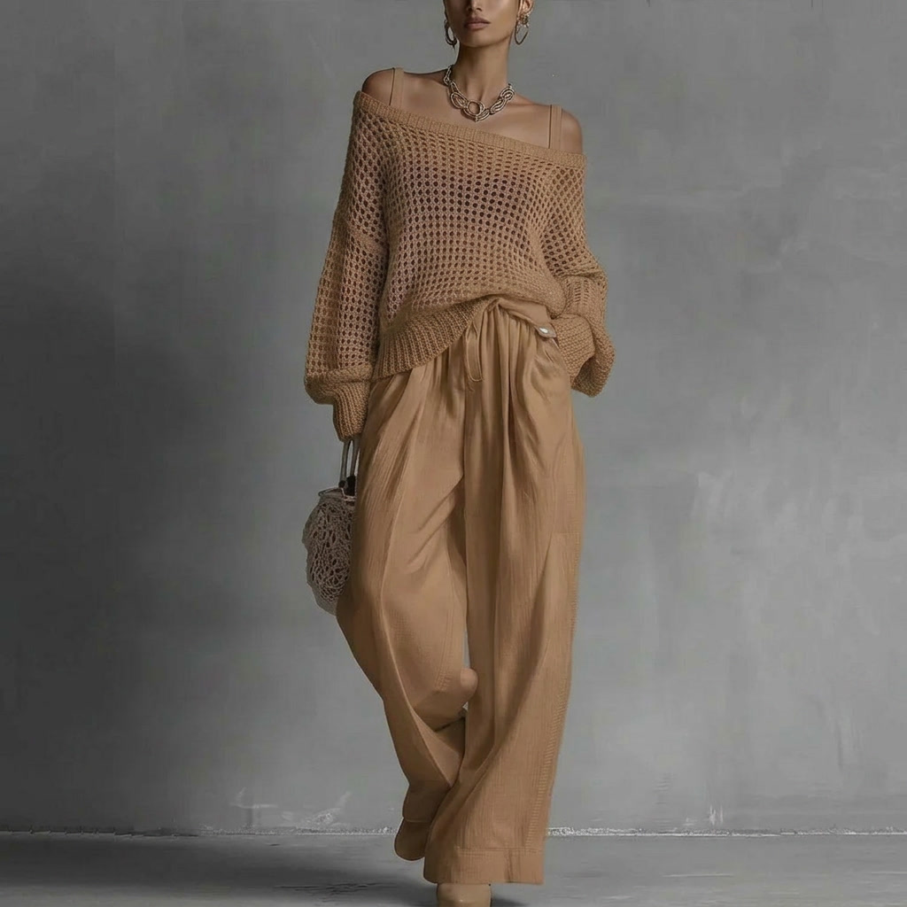 Conjunto de mujer con suéter calado y pantalón ancho