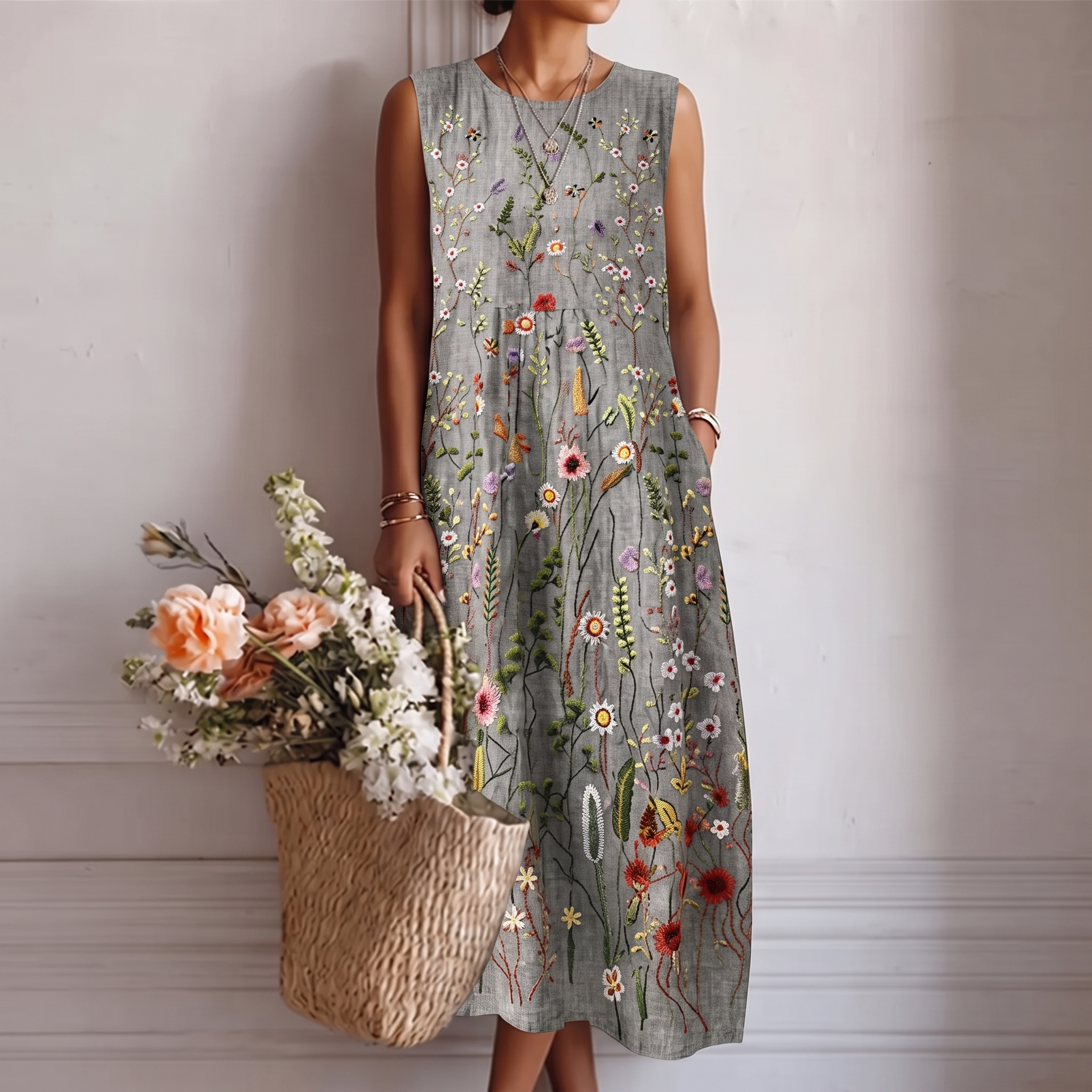 Vestido midi mujer viscosa floral sin mangas para verano