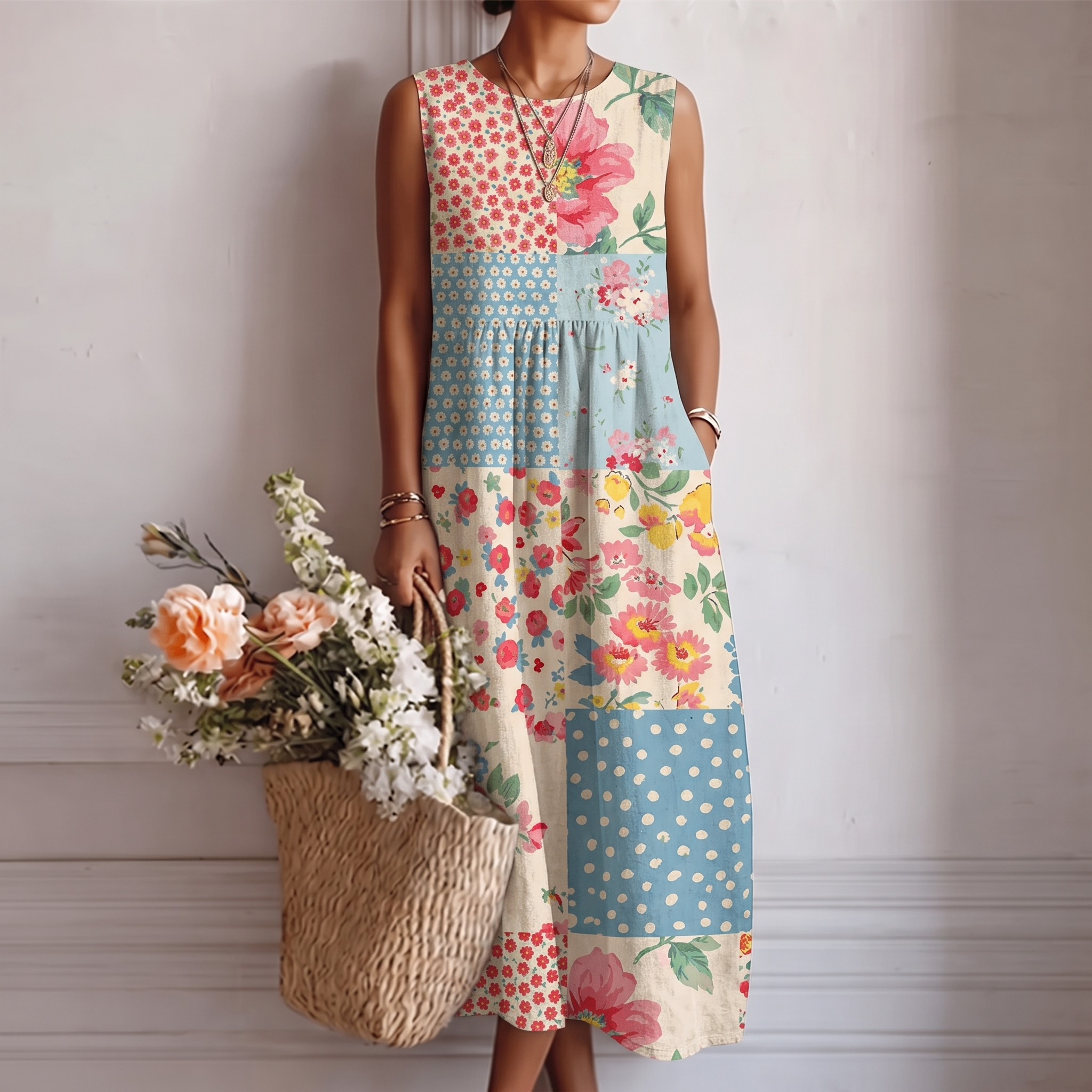 Vestido midi mujer algodón viscosa patchwork floral sin mangas