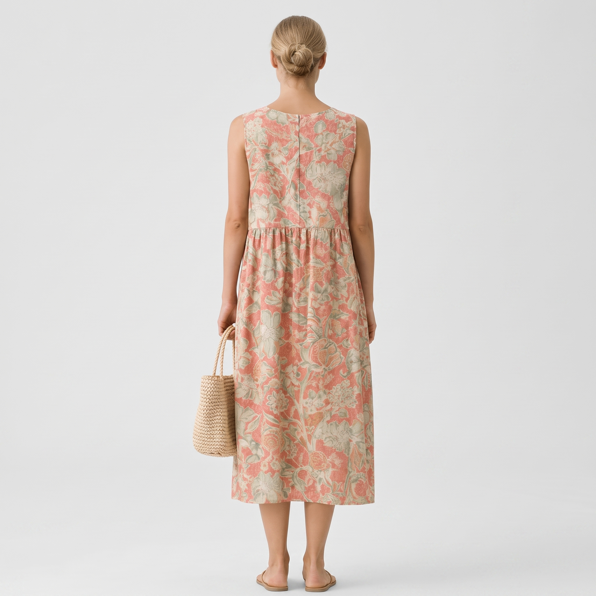 Vestido midi mujer algodón viscosa floral con cuello en V verano