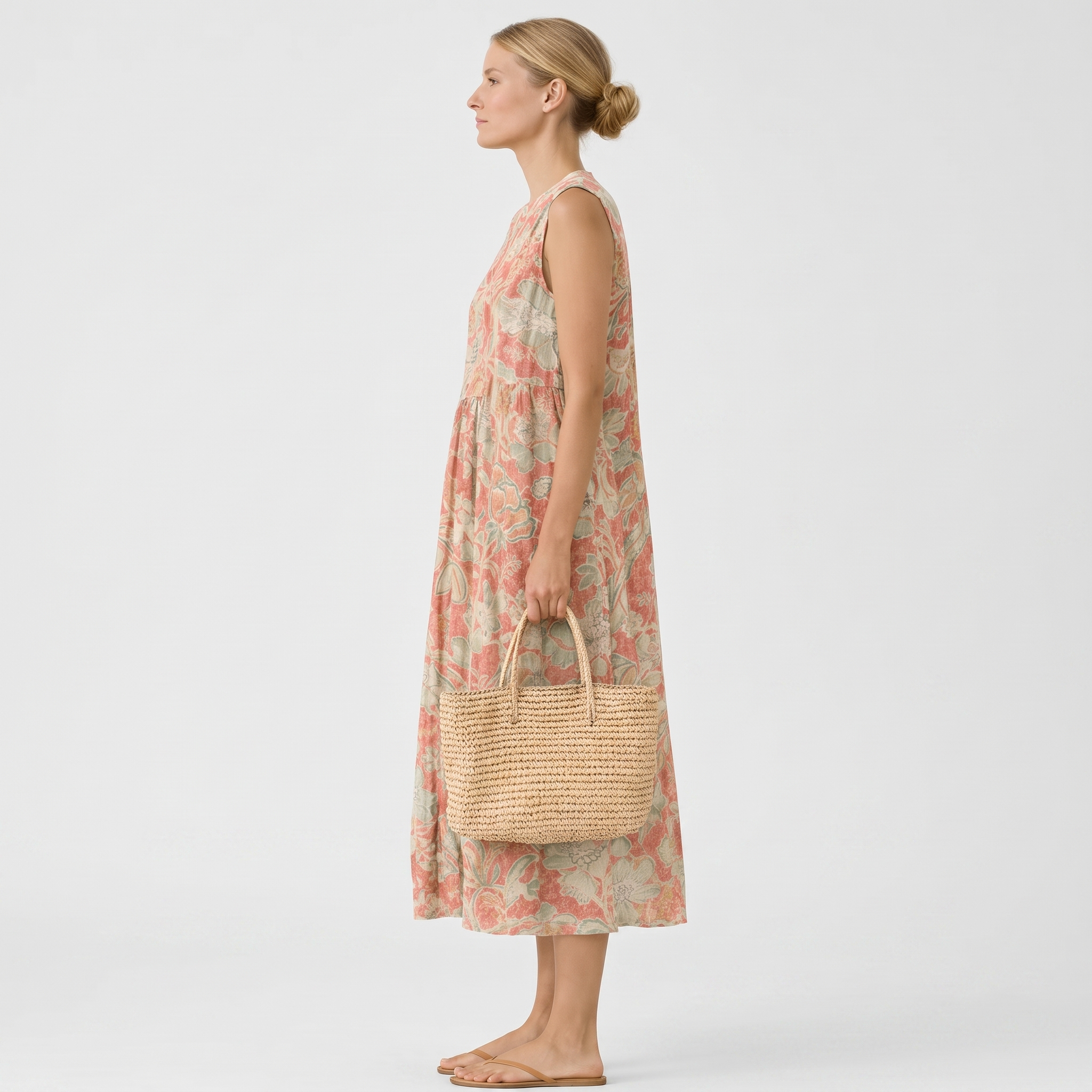 Vestido midi mujer algodón viscosa floral con cuello en V verano