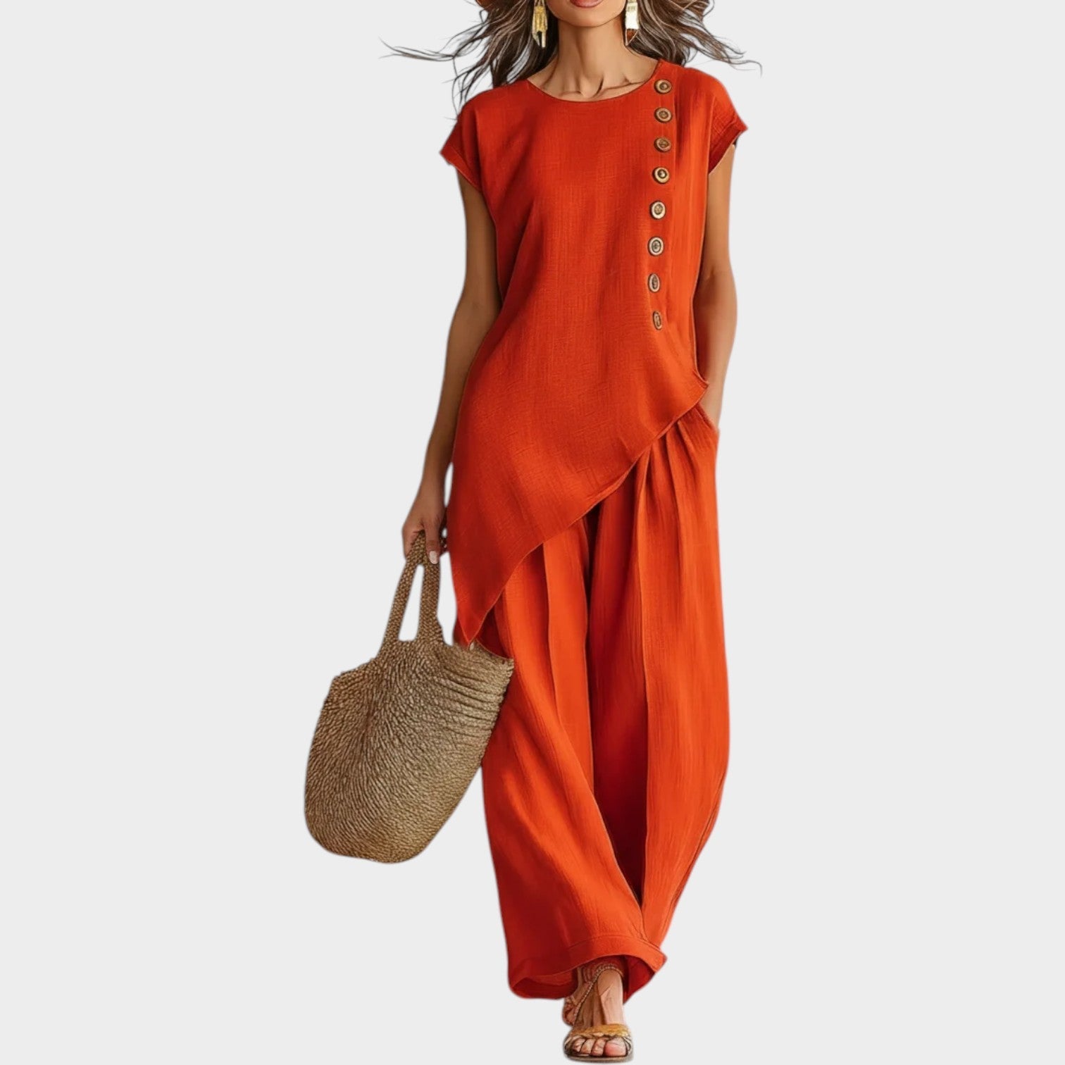 Conjunto Mujer Lino Verano – Diseño Asimétrico Fluido con Botones Laterales