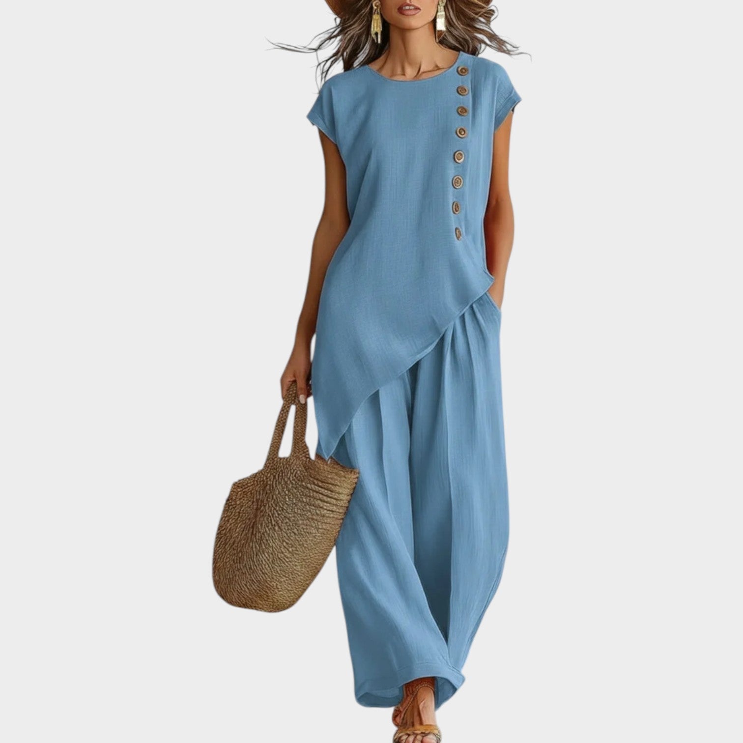 Conjunto Mujer Lino Verano – Diseño Asimétrico Fluido con Botones Laterales