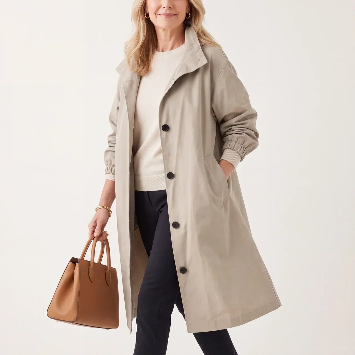 Trench largo para mujer con capucha, botones y bolsillos