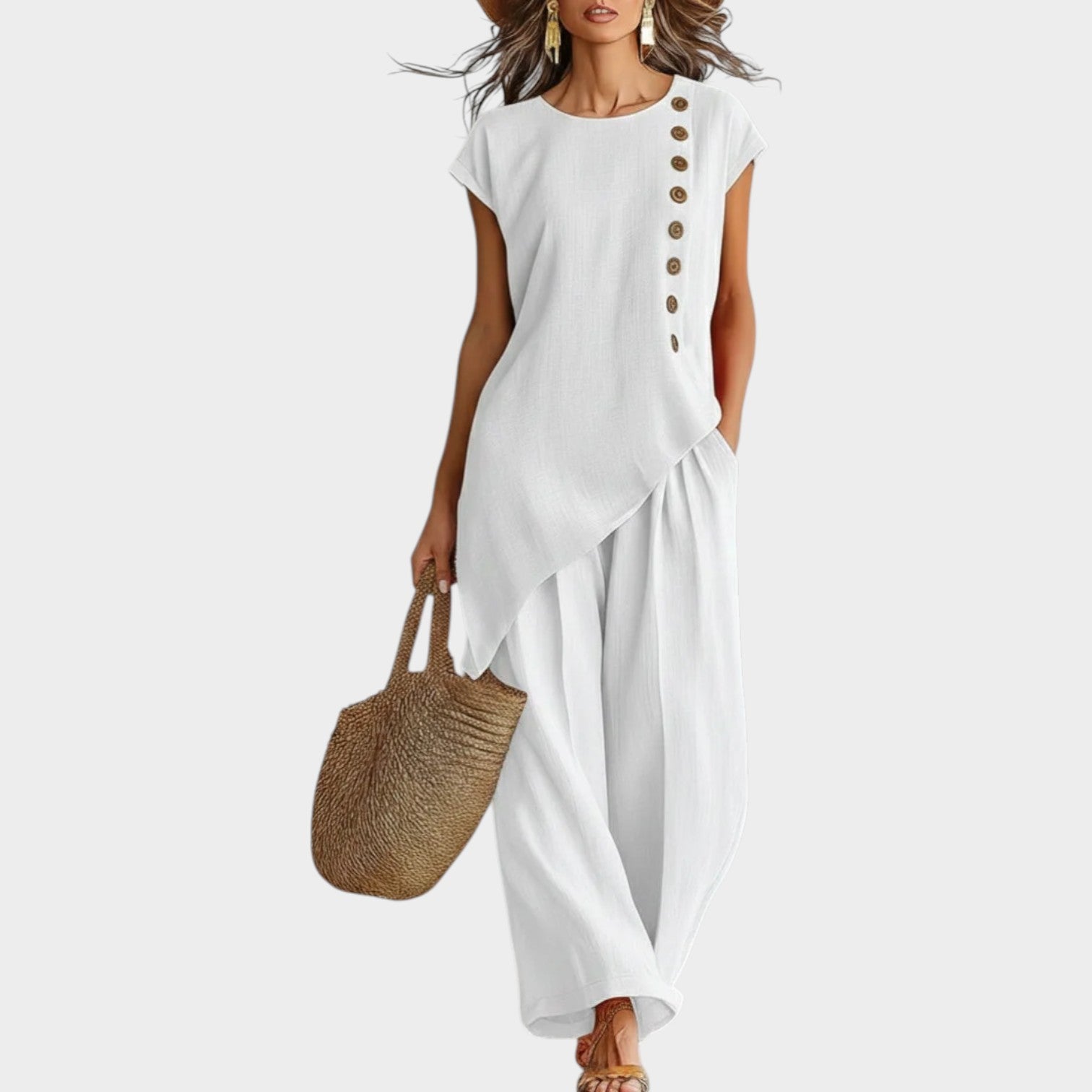 Conjunto Mujer Lino Verano – Diseño Asimétrico Fluido con Botones Laterales