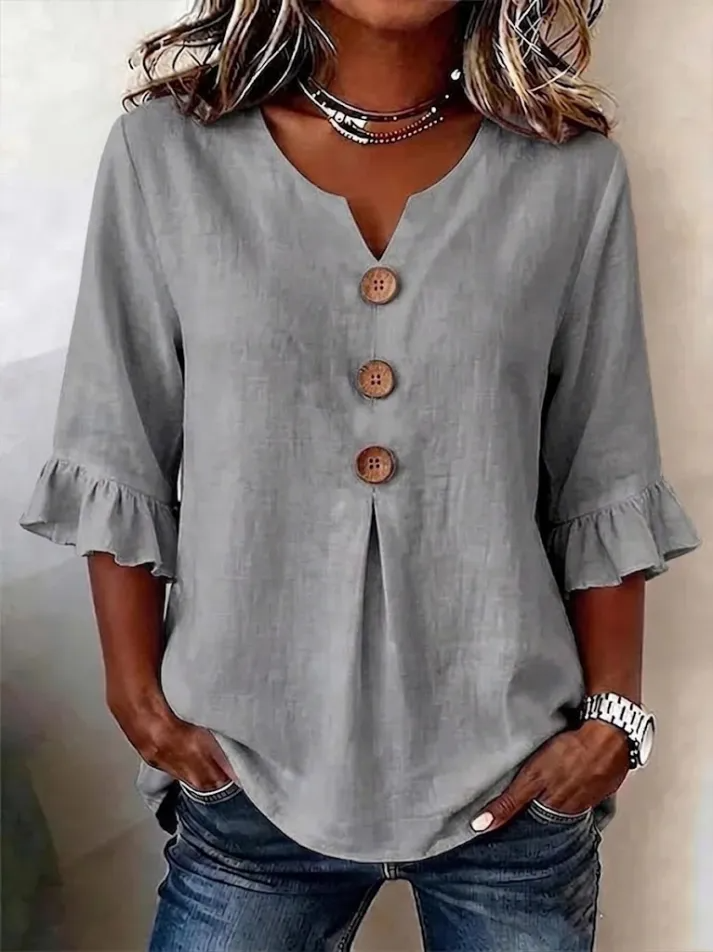Camisa Mujer Cuello V Botones – Estilo Fluido y Cómodo