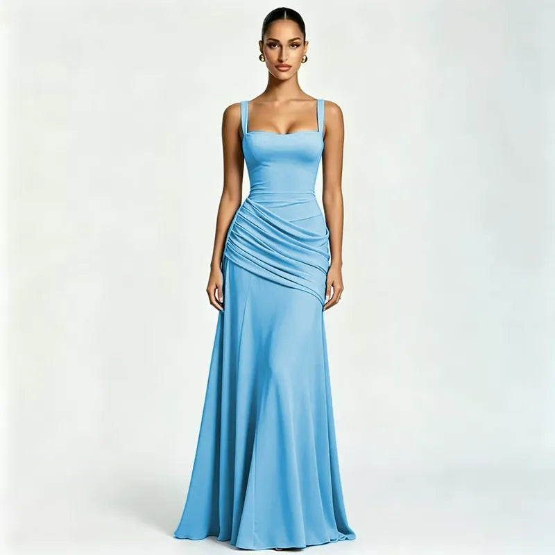 Vestido maxi mujer con escote cuadrado y drapeado lateral