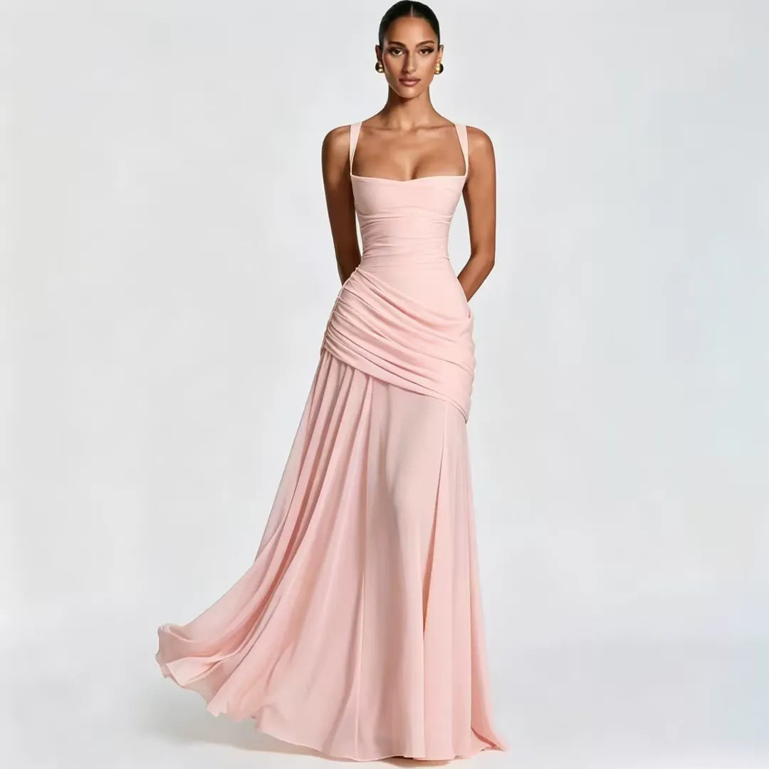 Vestido maxi mujer con escote cuadrado y drapeado lateral