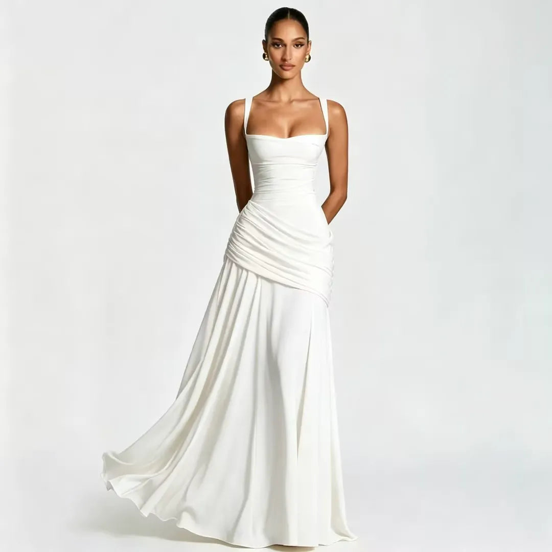 Vestido maxi mujer con escote cuadrado y drapeado lateral