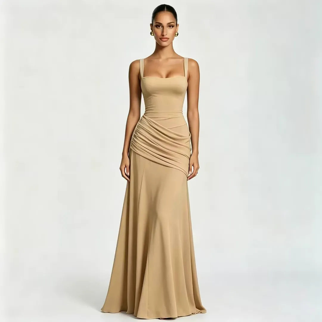 Vestido maxi mujer con escote cuadrado y drapeado lateral
