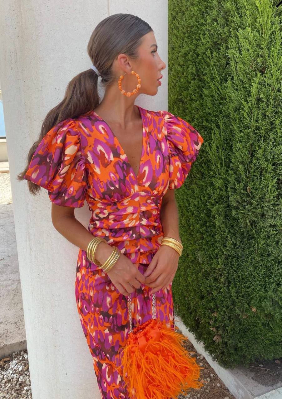 Vestido primavera mujer escote V con mangas abullonadas – estilo elegante femenino