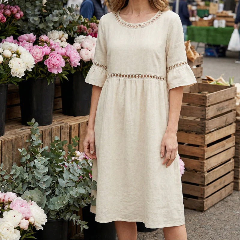 Vestido mujer midi lino algodón ajouré cuello redondo mangas volantes