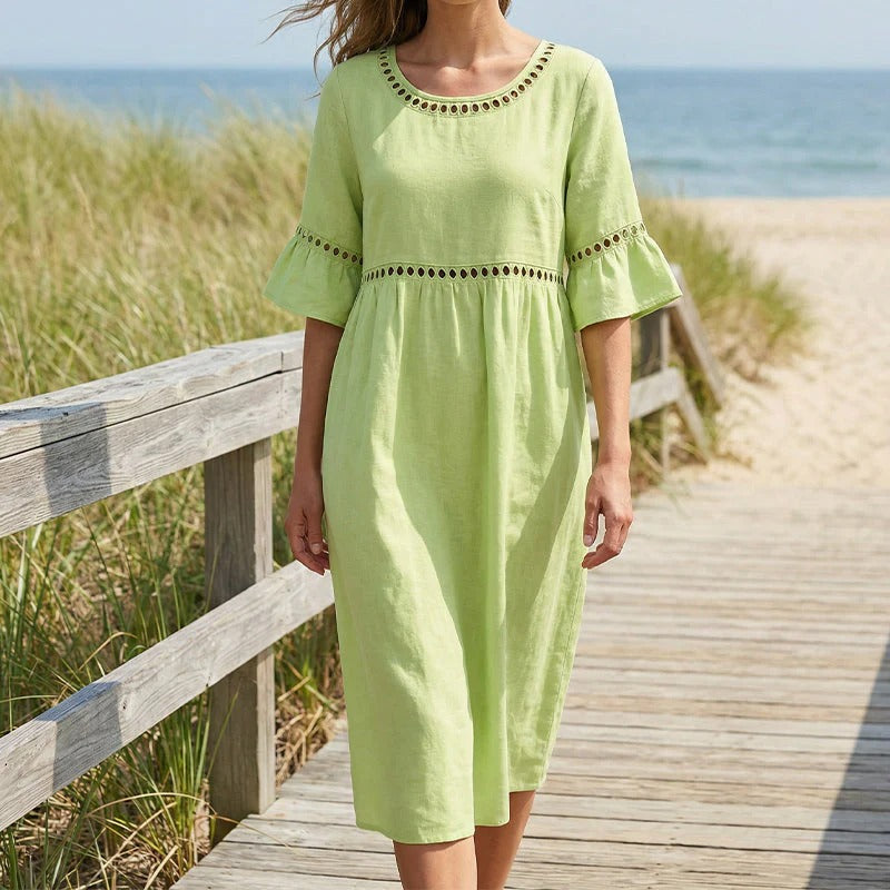 Vestido mujer midi lino algodón ajouré cuello redondo mangas volantes