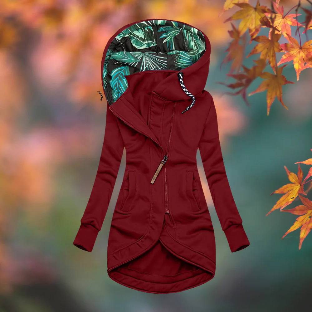 Chaqueta larga para mujer con capucha y cremallera asimétrica