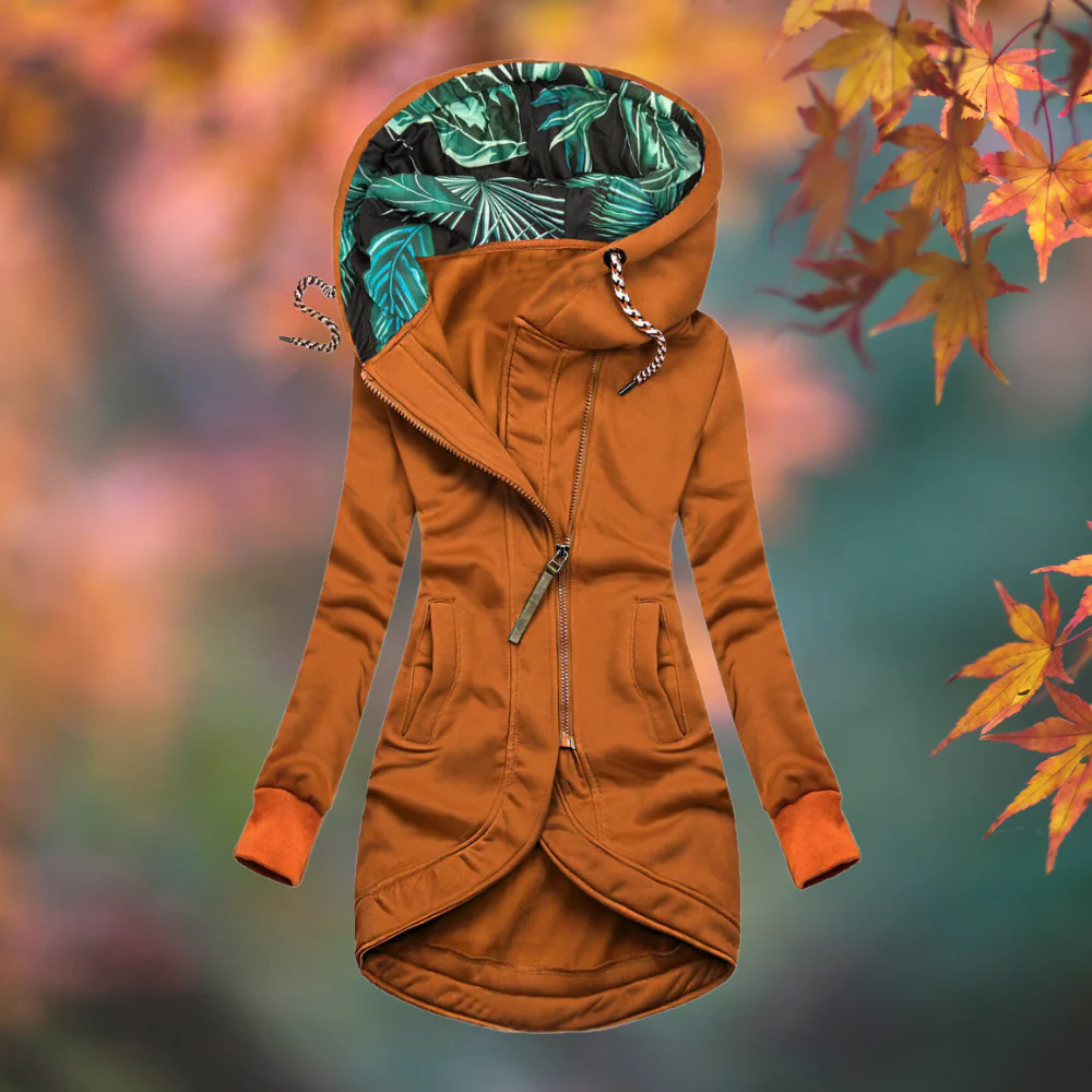 Chaqueta larga para mujer con capucha y cremallera asimétrica