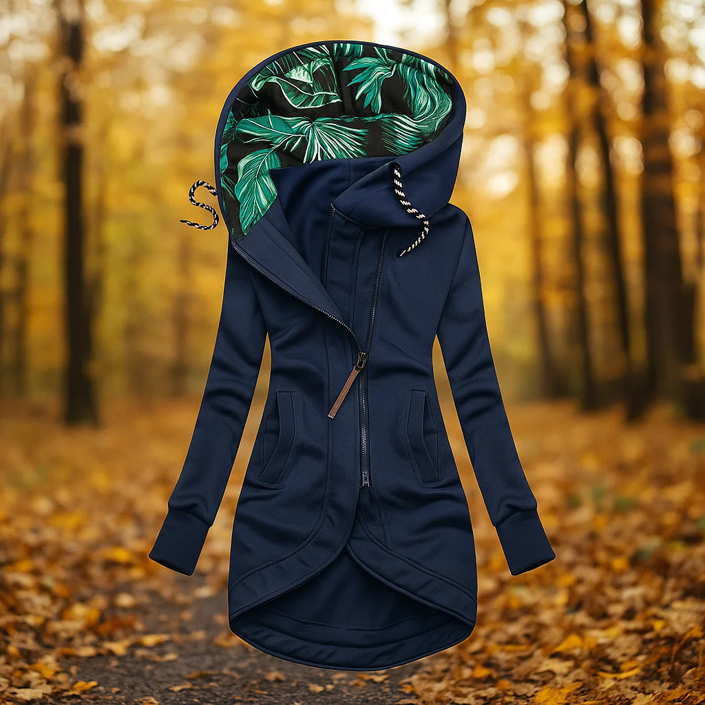 Chaqueta larga para mujer con capucha y cremallera asimétrica