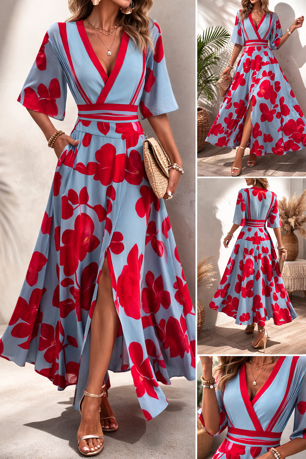 Vestido Largo Mujer Floral Elegante – Escote V y Cintura Ajustable